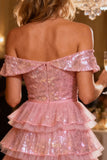 Sparkly Pink Sequin Tiered Short Cocktail Dress with Ruffles