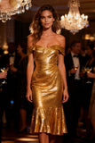 Sparkly Gold Sequin Midi Cocktail Party Dress with Ruffles
