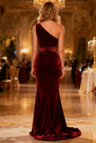 Burgundy Ruched Velvet Mermaid Long Holiday Party Dress