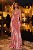 Sparkly Pink Velvet Mermaid Long Holiday Party Dress with Pearls