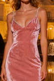 Sparkly Pink Velvet Mermaid Long Holiday Party Dress with Pearls