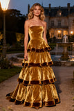 Brown Strapless Tiered A-Line Long Velvet Holiday Party Dress with Ruffles