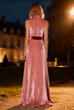 Pink High Neck Long Velvet Holiday Party Dress with Belt
