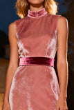 Pink High Neck Long Velvet Holiday Party Dress with Belt
