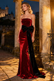 Burgundy Mermaid Long Velvet Holiday Party Dress with Bow
