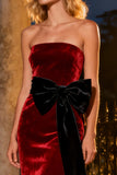 Burgundy Mermaid Long Velvet Holiday Party Dress with Bow