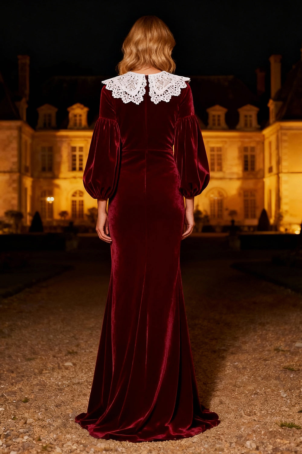 Zapakasa Women Burgundy Mermaid Long Velvet Holiday Party Dress with Lace Round Neck Long Sleeves Formal Dress Zapakasa Women Burgundy Mermaid Long Velvet Holiday Party Dress with Lace Round Neck Long Sleeves Formal Dress