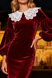 Burgundy Mermaid Long Velvet Holiday Party Dress with Lace