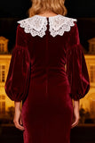 Burgundy Mermaid Long Velvet Holiday Party Dress with Lace