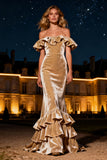 Champagne Tiered Mermaid Long Velvet Holiday Party Dress with Ruffles