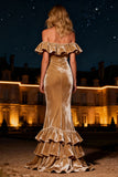 Champagne Tiered Mermaid Long Velvet Holiday Party Dress with Ruffles