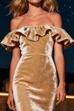 Champagne Tiered Mermaid Long Velvet Holiday Party Dress with Ruffles