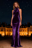 Purple Mermaid Halter Neck Long Velvet Holiday Party Dress