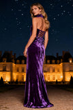 Purple Mermaid Halter Neck Long Velvet Holiday Party Dress