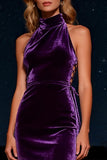 Purple Mermaid Halter Neck Long Velvet Holiday Party Dress