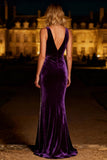 Sparkly Purple Mermaid Long Velvet Holiday Party Dress with Beading