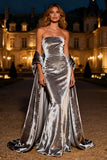 Silver Mermaid Long Velvet Holiday Party Dress with Cape