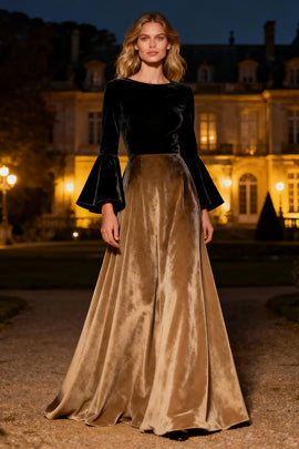 Black A-Line Flare Sleeves Long Velvet Holiday Party Dress