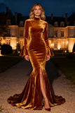 Brown Mermaid Ruffled Long Velvet Holiday Party Dress with Slit