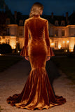 Brown Mermaid Ruffled Long Velvet Holiday Party Dress with Slit