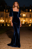 Navy Mermaid Square Neck Long Velvet Holiday Party Dress