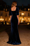 Navy Mermaid Square Neck Long Velvet Holiday Party Dress