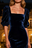 Navy Mermaid Square Neck Long Velvet Holiday Party Dress