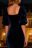Navy Mermaid Square Neck Long Velvet Holiday Party Dress