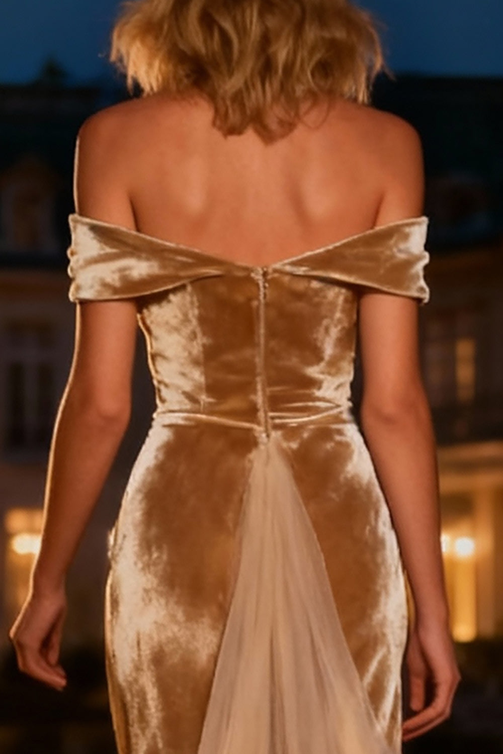 Champagne Mermaid Long Velvet Holiday Party Dress with Cape