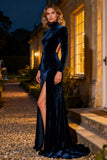 Navy Long Mermaid Velvet Holiday Party Dress with Slit