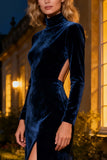 Navy Long Mermaid Velvet Holiday Party Dress with Slit