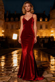 Burgundy Spaghetti Straps Long Mermaid Velvet Holiday Party Dress