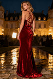 Burgundy Spaghetti Straps Long Mermaid Velvet Holiday Party Dress