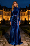 Sparkly Royal Blue Long Mermaid Velvet Holiday Party Dress with Beading