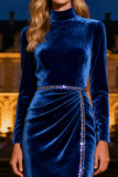 Sparkly Royal Blue Long Mermaid Velvet Holiday Party Dress with Beading