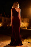 Burgundy Mermaid One Shoulder Long Velvet Holiday Party Dress with Keyhole