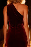 Burgundy Mermaid One Shoulder Long Velvet Holiday Party Dress with Keyhole