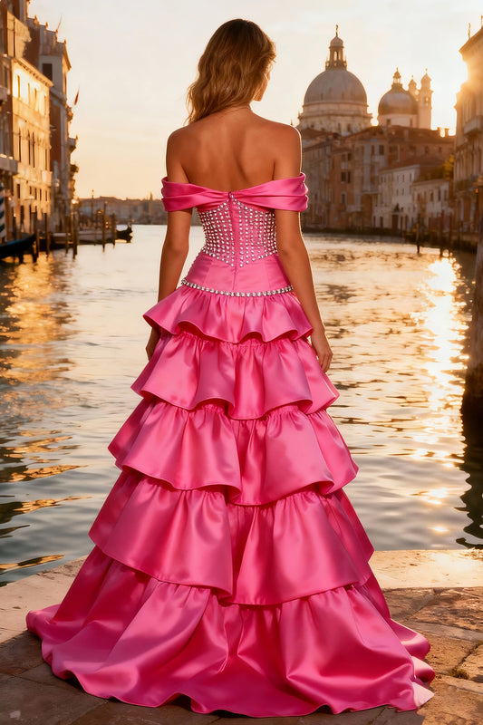 Sparkly Bright Pink A Line Ruffled Long Prom Dress with Beading