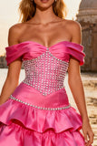 Sparkly Bright Pink A Line Ruffled Long Prom Dress with Beading