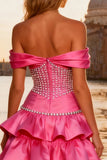 Sparkly Bright Pink A Line Ruffled Long Prom Dress with Beading