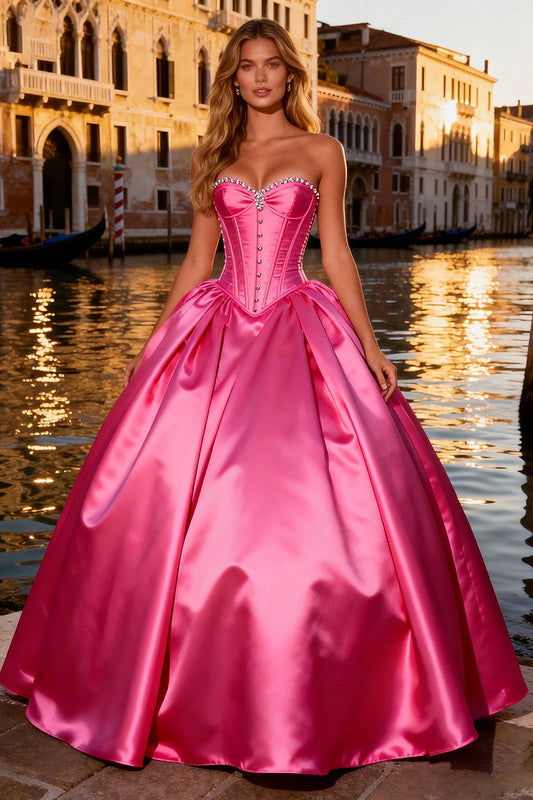 Sparkly Bright Pink Ball Gown Sweetheart Satin Long Corset Prom Dress