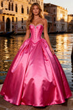 Sparkly Bright Pink Ball Gown Sweetheart Satin Long Corset Prom Dress