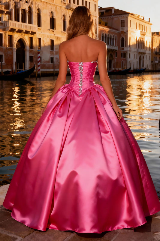 Sparkly Bright Pink Ball Gown Sweetheart Satin Long Corset Prom Dress