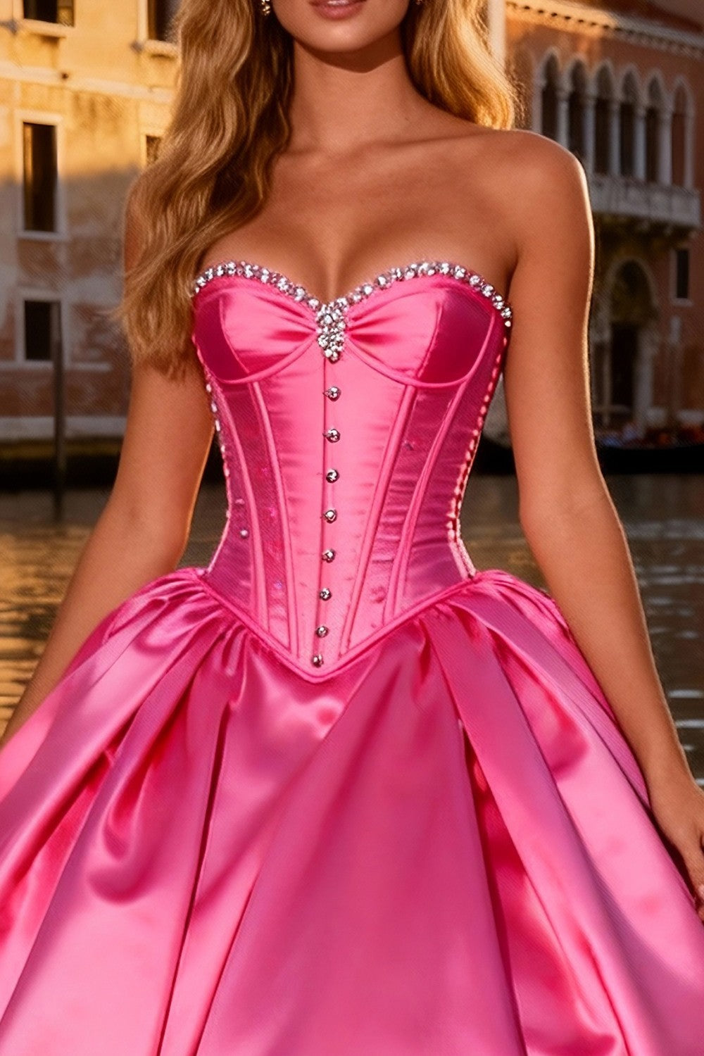 Sparkly Bright Pink Ball Gown Sweetheart Satin Long Corset Prom Dress