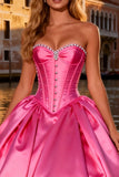 Sparkly Bright Pink Ball Gown Sweetheart Satin Long Corset Prom Dress