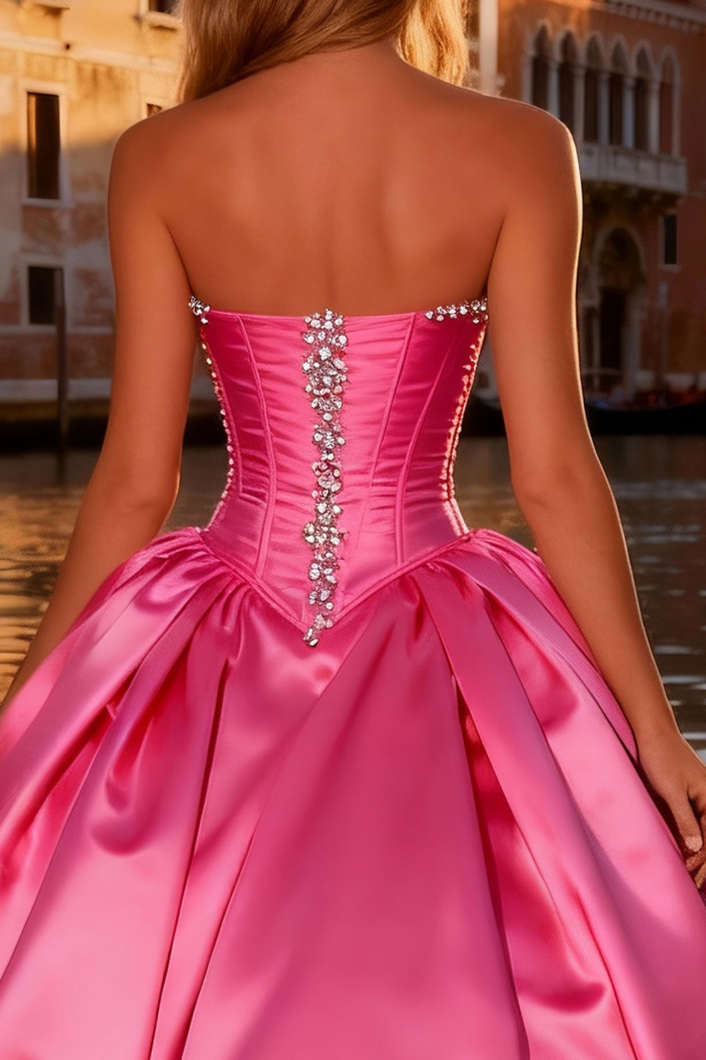Sparkly Bright Pink Ball Gown Sweetheart Satin Long Corset Prom Dress