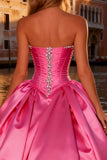 Sparkly Bright Pink Ball Gown Sweetheart Satin Long Corset Prom Dress
