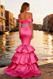 Sparkly Bright Pink Mermaid Satin Long Prom Dress with Ruffles