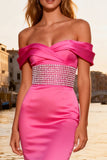Sparkly Bright Pink Mermaid Satin Long Prom Dress with Ruffles
