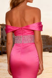 Sparkly Bright Pink Mermaid Satin Long Prom Dress with Ruffles